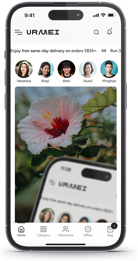 The URMEI storefront app on a phone, showing the creator row and a featured product banner.